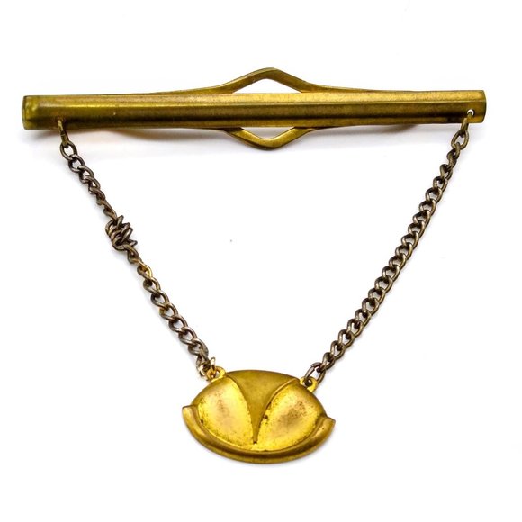 Gold Plate Tie Bar Slide with Chain and Oval Medallion, Art Deco Elegant Tie Cli - Picture 1 of 3